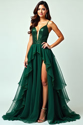 A Line Dark Green Ruffled Long Prom Dress with Slit