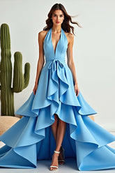 A Line Blue Halter Neck Asymmetrical High-Low Prom Dress with Ruffles
