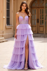 Strapless A Line Lilac Long Prom Dress with Slit