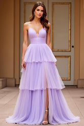 Lilac Tiered Tulle A Line Long Prom Dress with Slit