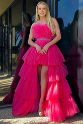 A-line High-Low Strapless Ruffled Tulle Prom Dress with Feathers