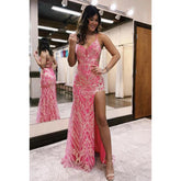 Sheath/Column Sequins Charming Spaghetti Straps V-neck Slit Party Prom Dress