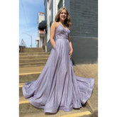 Vestido de fiesta largo brillante con escote en V, tirantes cruzados y bolsillos