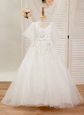 A-line Tulle Sweep Train Ivory First Communion Flower Girl Dress