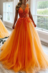 A Line V Neck Orange Prom Dress with Appliques
