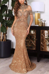High Neck Short Sleeves Evening Dress Sequins Mermaid Long