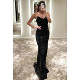 Vestido de noche largo de satén con lentejuelas fruncidas y escote en V sin tirantes para graduación