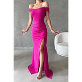 Vestido largo de fiesta formal con escote en V y hombros descubiertos, abertura lateral y brillo