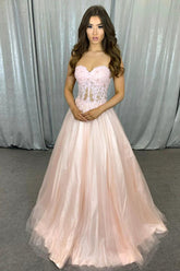 A Line Sweetheart Pink Corset Prom Dress with Appliques