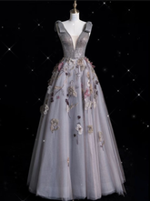 Robe de bal longue en tulle gris à col en V et imprimé floral, modèle Y7953