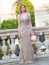 Vestido de noche formal de lujo Baoleely, estilo sirena, con escote en V, espalda en V, plumas y cuentas, sin mangas y hasta el suelo.