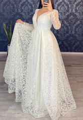 Vestido de novia de encaje con escote en V y corte en A, manga larga, modelo Y5003