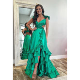 Vestido de fiesta de graduación sencillo e informal, sin mangas, con escote en V, volantes y abertura lateral