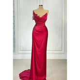 Vestido de fiesta de graduación con escote en V, sin mangas, fruncido y bordado floral