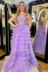 Appliques V-Neck Ruffle Tiered Long Prom Dress