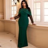 Young See Through Sleeve High Waisted Beaded Evening Dress