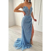 Vestido de noche para fiesta, graduación, brillante, sin tirantes, fruncido, con abertura lateral y lentejuelas