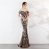 Off the Shoulder Sequined Evening Dress: Long Fish Tail, Slim Fit