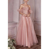 Vestido de fiesta largo de tul fruncido con apliques florales, sin tirantes y escote en forma de A