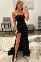 Strapless Sequins Prom Dress with Slit