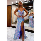 Vestido de fiesta con tirantes finos, cuentas y lentejuelas para mujer con abertura