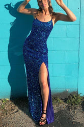 Vestido de fiesta azul real con escote redondo brillante estilo sirena, tirantes y abertura, modelo Y1265