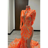 Sheath/Column High Neck Sequined Split Long Sleeves Prom Evening Formal Dress
