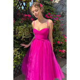 Vestido de fiesta vintage con tirantes finos, tul plisado, largo hasta la rodilla, dulce