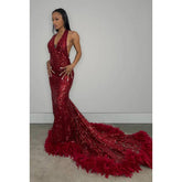 Vestido de fiesta largo estilo sirena con escote en V, espalda descubierta, lentejuelas, tul transparente y plumas