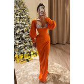 Vestido de fiesta formal, sencillo e informal, con escote en V, mangas largas y fruncido, con diamantes de imitación