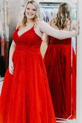A Line Spaghetti Straps Red Long Plus Size Prom Dress with Appliques