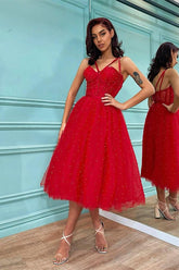 Short Red A-line Sweetheart Tulle Backless Prom Dresses