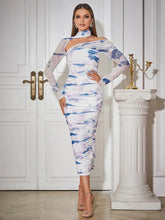 Open back hanging neck sexy long sleeved printed pleated long buttocks wrapped party evening dress