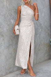 Robe de soirée formelle à sequins unis, à cordon de serrage, fente et col oblique, inspirée des célébrités