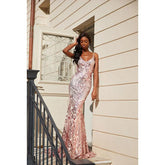 Vestido largo de fiesta formal de sirena con escote en V y tirantes finos y lentejuelas