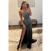 Sheath/column One Shoulder Beaded Black Prom Dress Evening Gowns