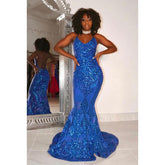 Vestido de noche sexy y atractivo con escote en V, corte sirena, sin mangas, abertura y lentejuelas