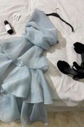 Robe de bal élégante asymétrique bleue, coupe trapèze, mini-robe de soirée Y7665