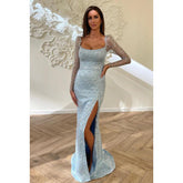 Elegante y lujoso vestido de fiesta de graduación con mangas largas cuadradas, corte sirena brillante y abertura lateral
