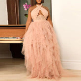 Plus Size Wedding Women Dress Evening Dress Pink Halter Dress Large Swing Tulle Dress