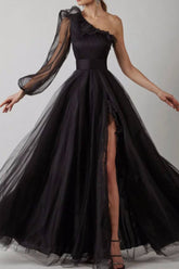 A Line One Shoulder Black Long Prom Dress with Long Sleeves