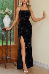 Vestidos de noche sexis de lentejuelas lisas con abertura y cuello cuadrado