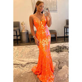 Robe de soirée sirène/trompette à col en V et paillettes, sans manches, à lacets