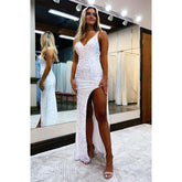 Vestido de fiesta sexy con escote en V y lentejuelas con abertura