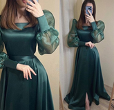 Vestido de noche modesto de satén verde oscuro, mangas largas abullonadas, escote cuadrado de organza, vestido de fiesta formal Y4872
