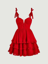 Vestido rojo de fiesta de bienvenida con corte en A, hombros con lazo y bajo con volantes Y2720