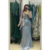 Vestidos de noche formales sexis con escote en V, pliegues y mangas largas