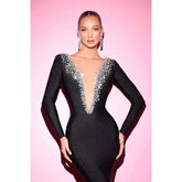 Robe de soirée longue noire à paillettes et perles, col en V, style trompette/sirène