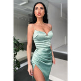 Vestido de fiesta largo plisado con tirantes finos y abertura para mujer