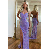 Vestido de fiesta largo con escote en V, tirantes finos, cuentas y abertura